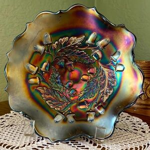 Antique Fenton Carnival Glass Radium Fall Acorn Pattern Ruffled Bowl, Blue